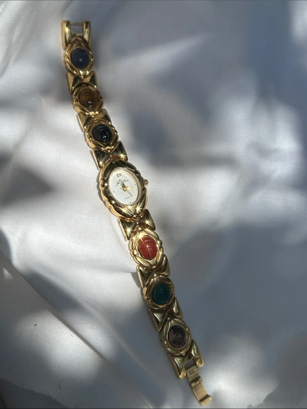 Pierre Jacquard Gold-Tone Scarab Semi Precious Stones White Dial Quartz 7” Watch